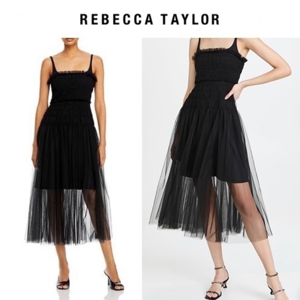 REBECCATAYLOR Tulle Sleeveless Smocked Dress in Black sz 00 495$ NWT